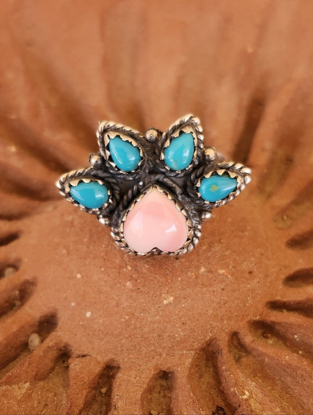 Native American Sterling Silver Turquoise & Pink Heart Conch Paw Ring Dog / Cat
